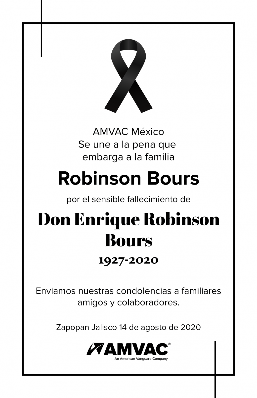 Lamentamos el sensible fallecimiento de Don Enrique Robinson Bours